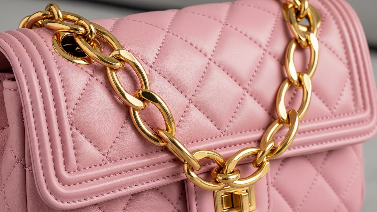 Bolsa de piel rosa acolchada con cadena dorada
