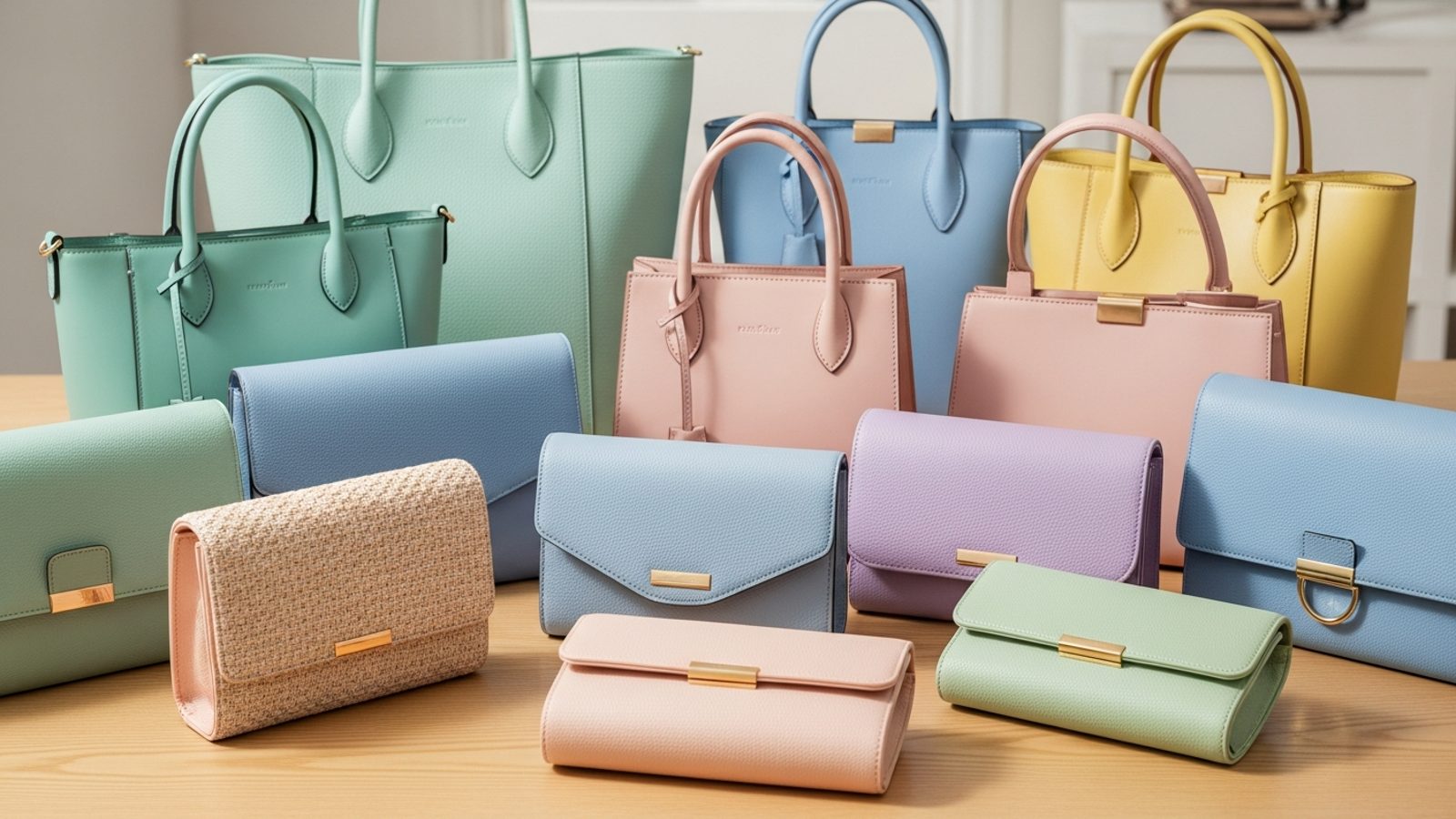 Carteras, clutches y bolsas tote sobre una mesa