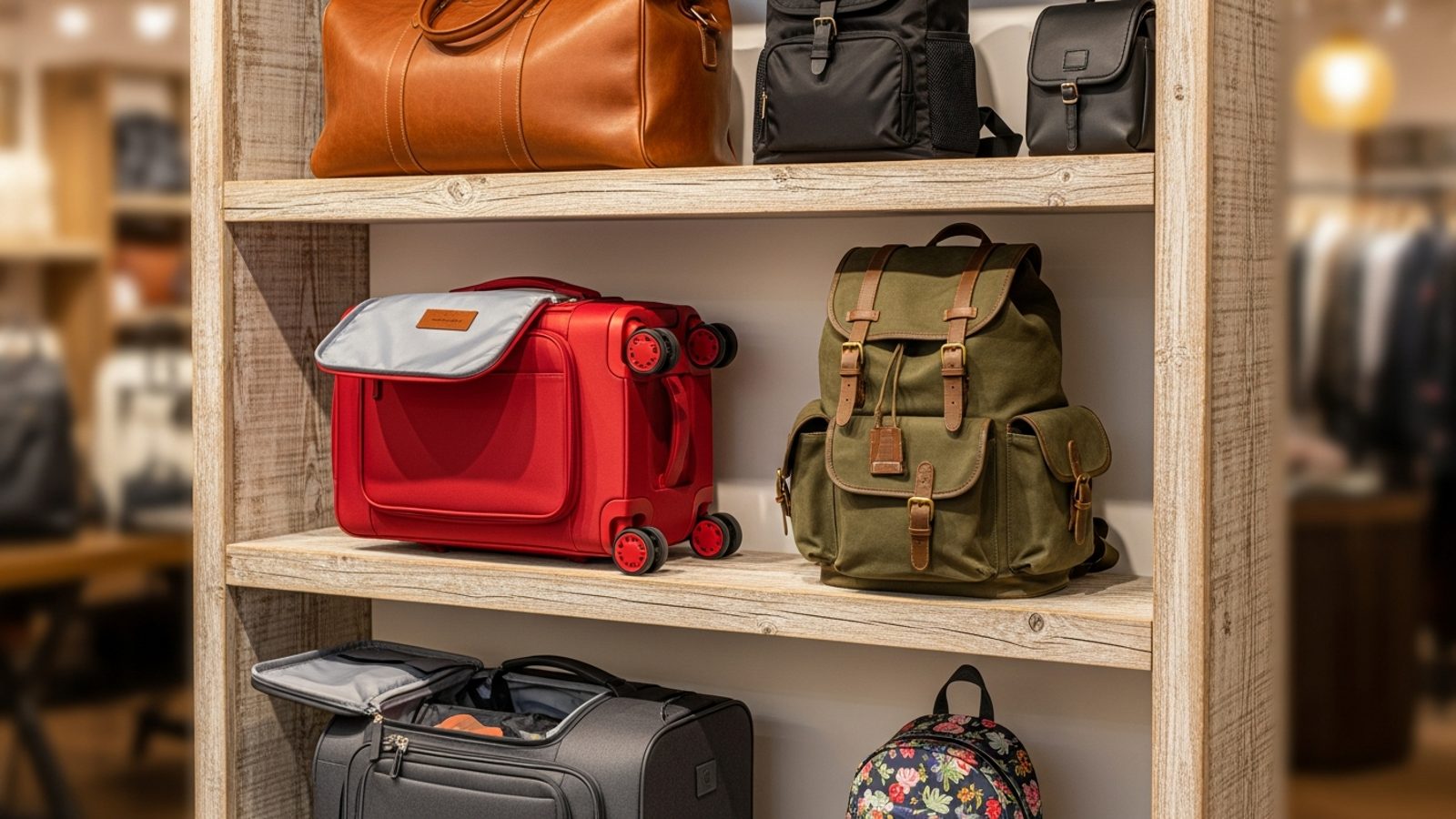 Bolsos de viaje y mochilas de moda en repisas de madera